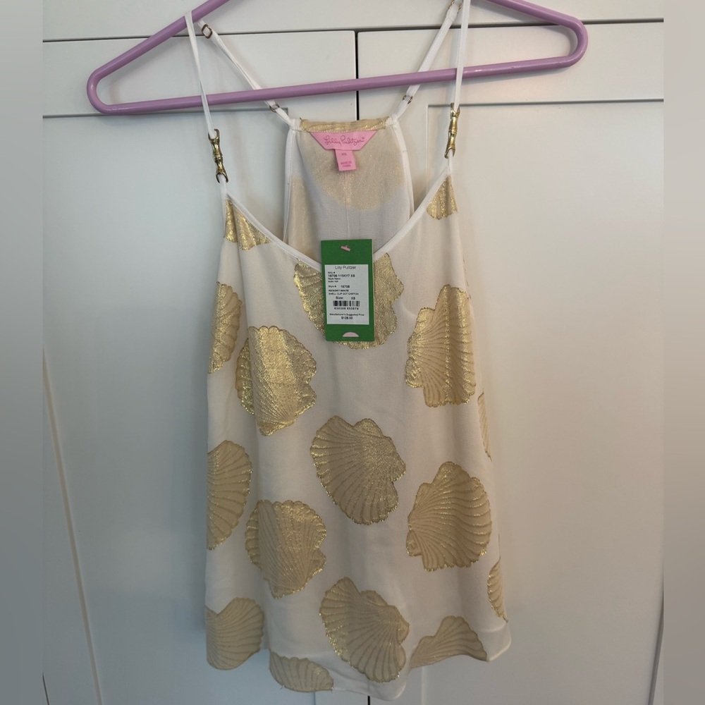 NWT Lilly Pulitzer Cream Cami Dusk Top  with Metallic Gold Shell Print in XS